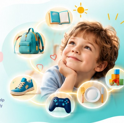 Child surrounded by everyday routine objects